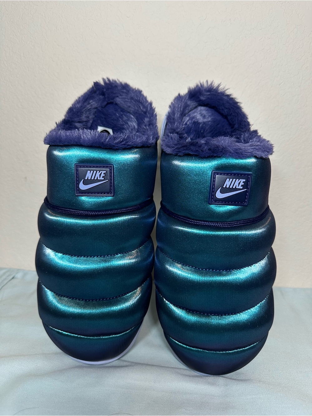 Nike Metallic Teal Puff Slippers with Deep Purple Plush Lining
